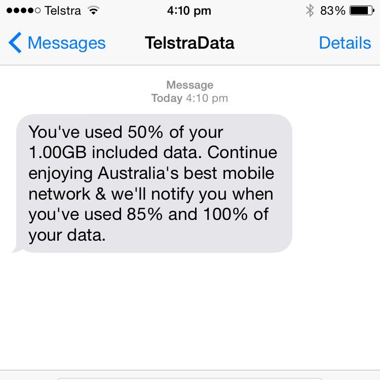 Telstra data warning, no date indication.