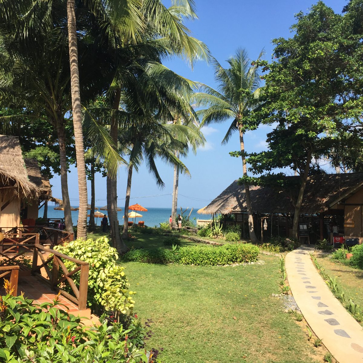 A beach view with tropical trees in the foreground