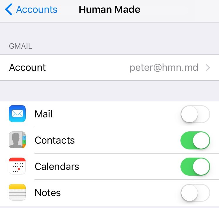 Account settings screen on iOS for my work email account, the mail setting is turned off
