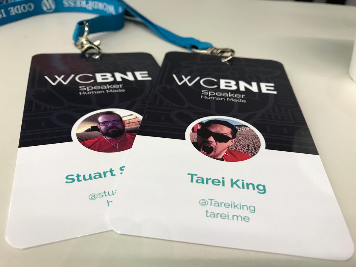 WordCamp Brisbane attendee lanyards for Stuart Shields and Tarei King