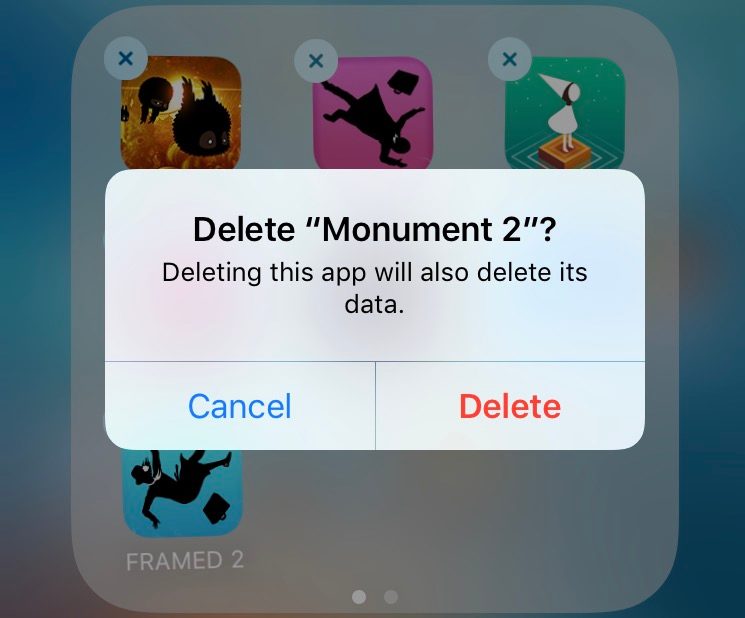 iOS prompt: Delete "Monument Valley 2"? Deleting this app will also delete its data.