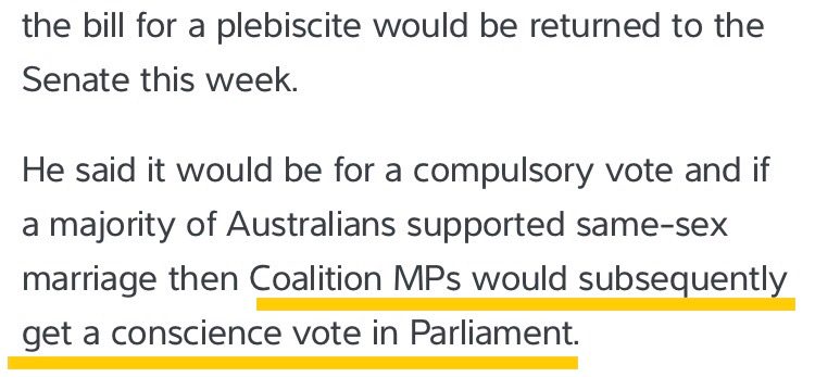 the bill for a plebiscite would return to the senate this week. He said if a majority of Australians supported same-sex marriage then Coalition MPs would subsequently get a conscious vote in Parliament