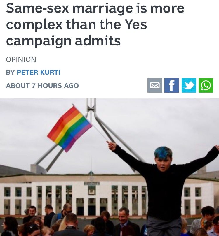 Newspaper headline "Same-sex marriage is more complex than the Yes campaign admits."