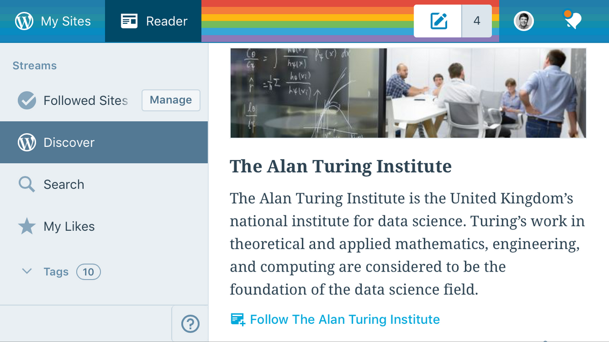 WordPress.com reader showing a pride flag in the header