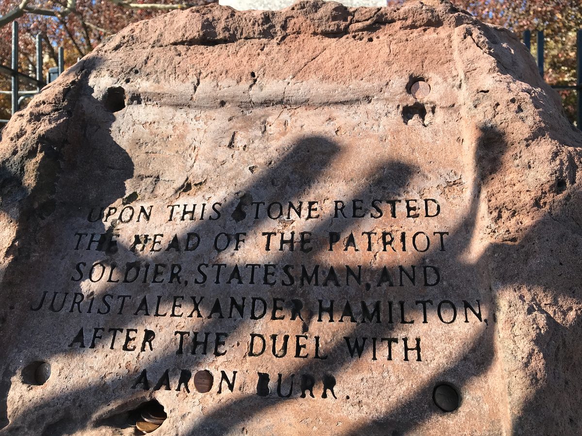 Plague carved in to a rock: upon this stone reset the patriot soldier, statesman and jurist Alexander Hamilton after the duel with Aaron Burr.