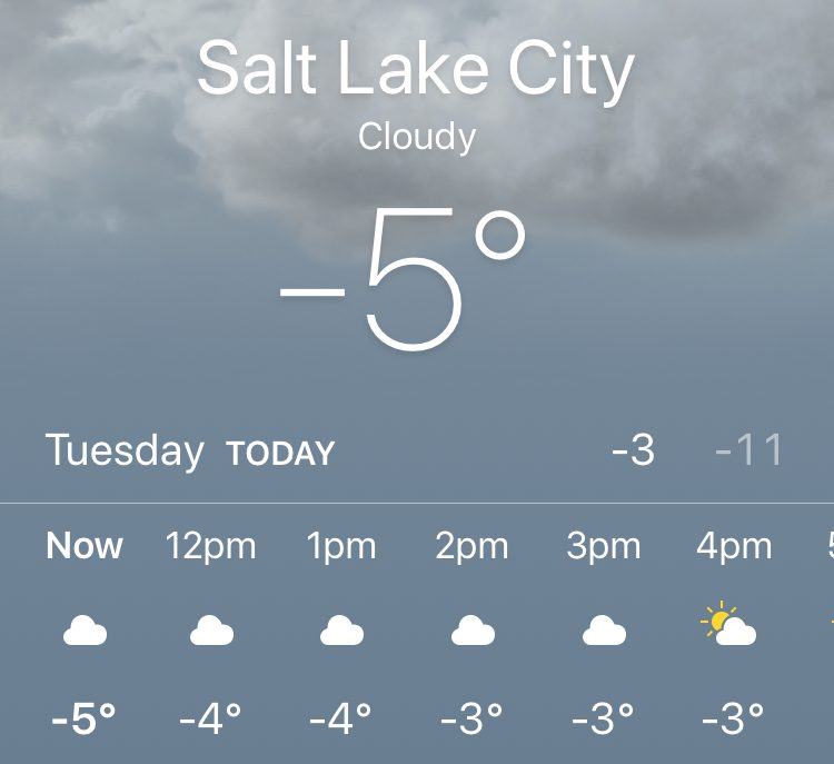 Screen shot of weather app showing Salt Lake CIty's top temperature of -5 degrees celsius