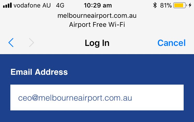 A wifi interstitial requiring an email address. The email field completed for ceo@melbourneairport.com.au