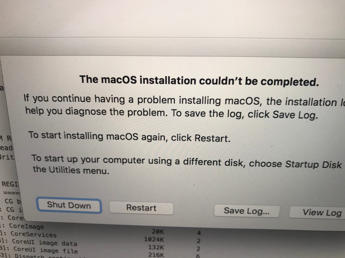 A computer dialog box showing "macOS installer could not be completed