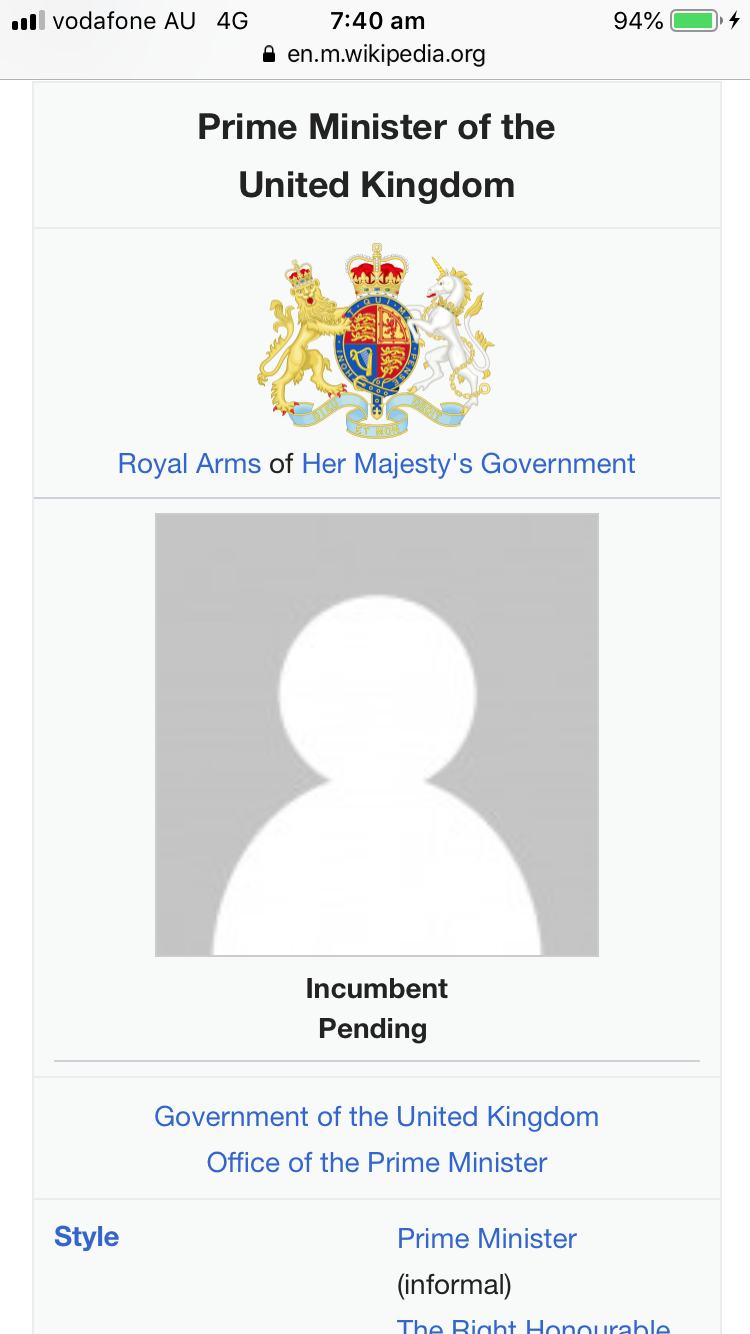 Screen shot of Wikipedia info box for British PM with Incumbent Pending showing as the name
