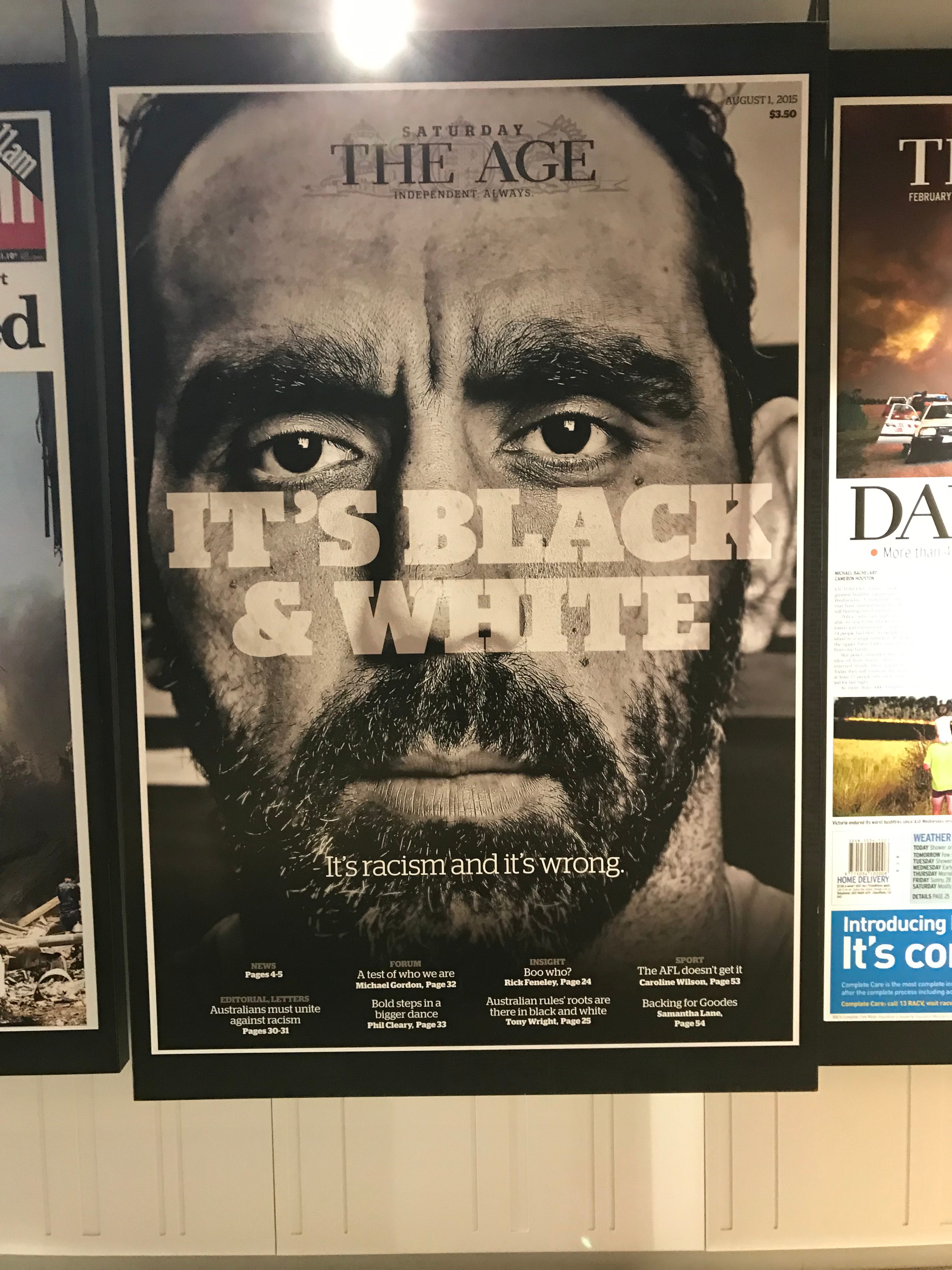 A Saturday Age cover from August 2015 featuring Adam Goodes headlined "It's Racism and it's Wrong".