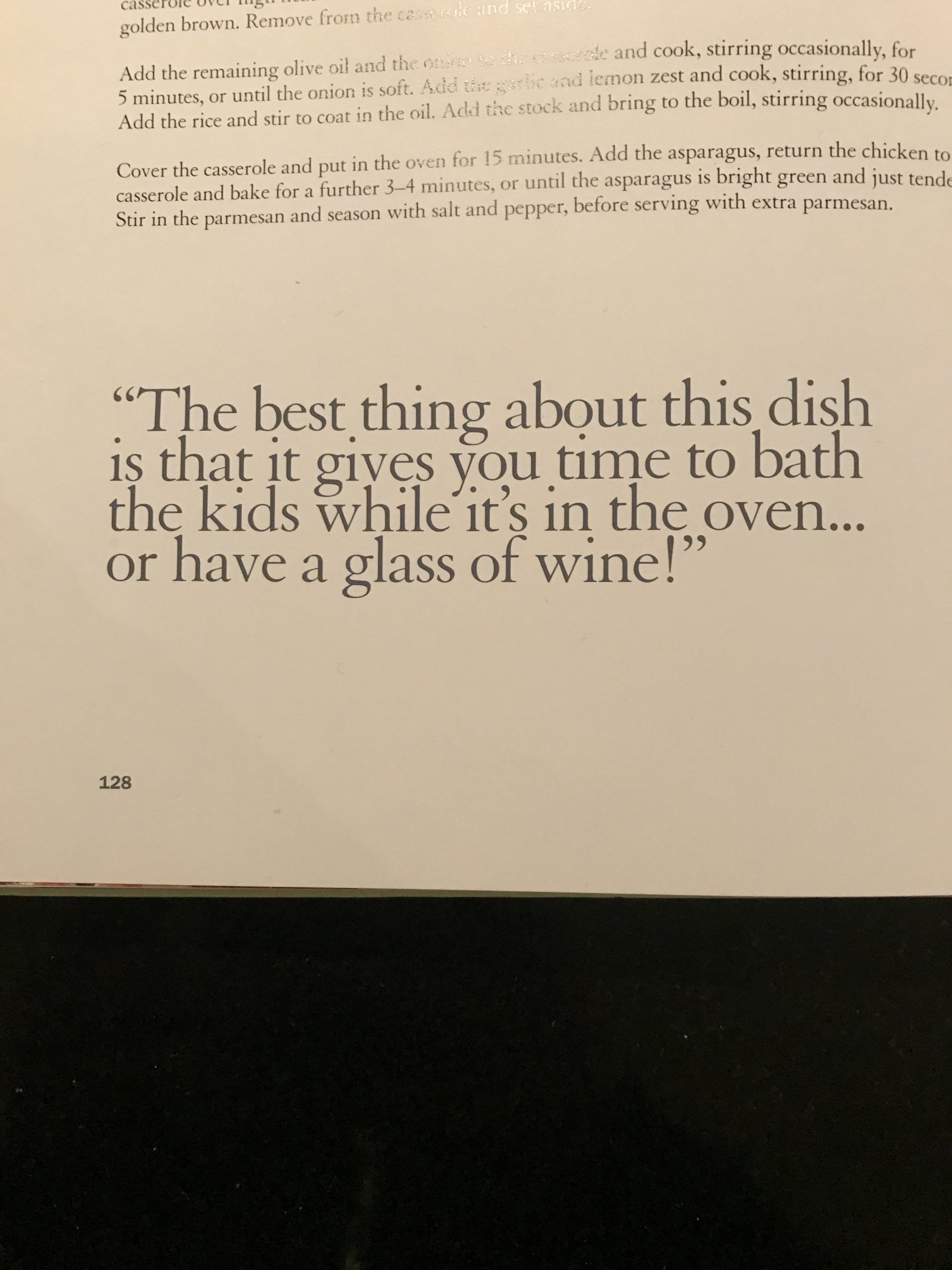 Recipe book with the pull quote "the best thing about this recipe is that it gives you time to bath the kids while it's in the oven... or have a glass of wine!"
