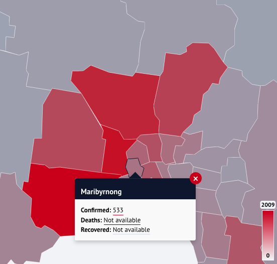 Map of COVID-19 data by local government region. The city of Maribyrnong is selected.