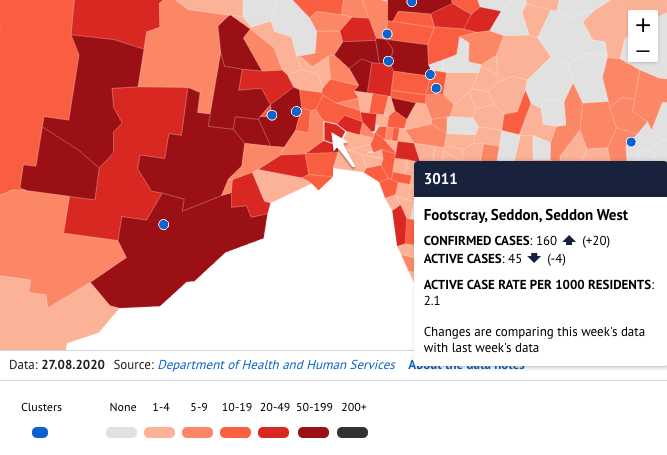 Map of COVID-19 data by postcode. The postcode 3011 is selected.
