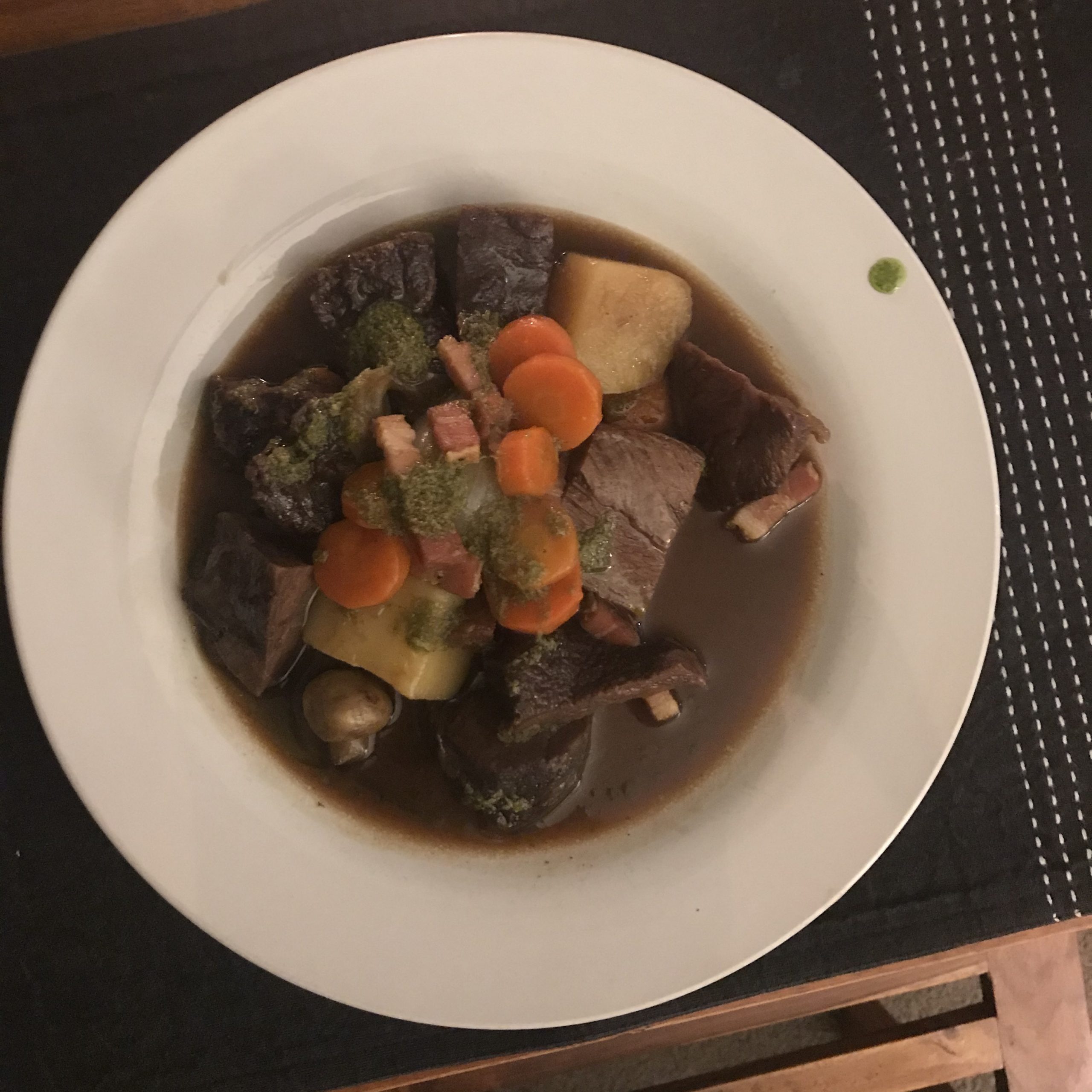 Roast lamb and vegetables in a jus