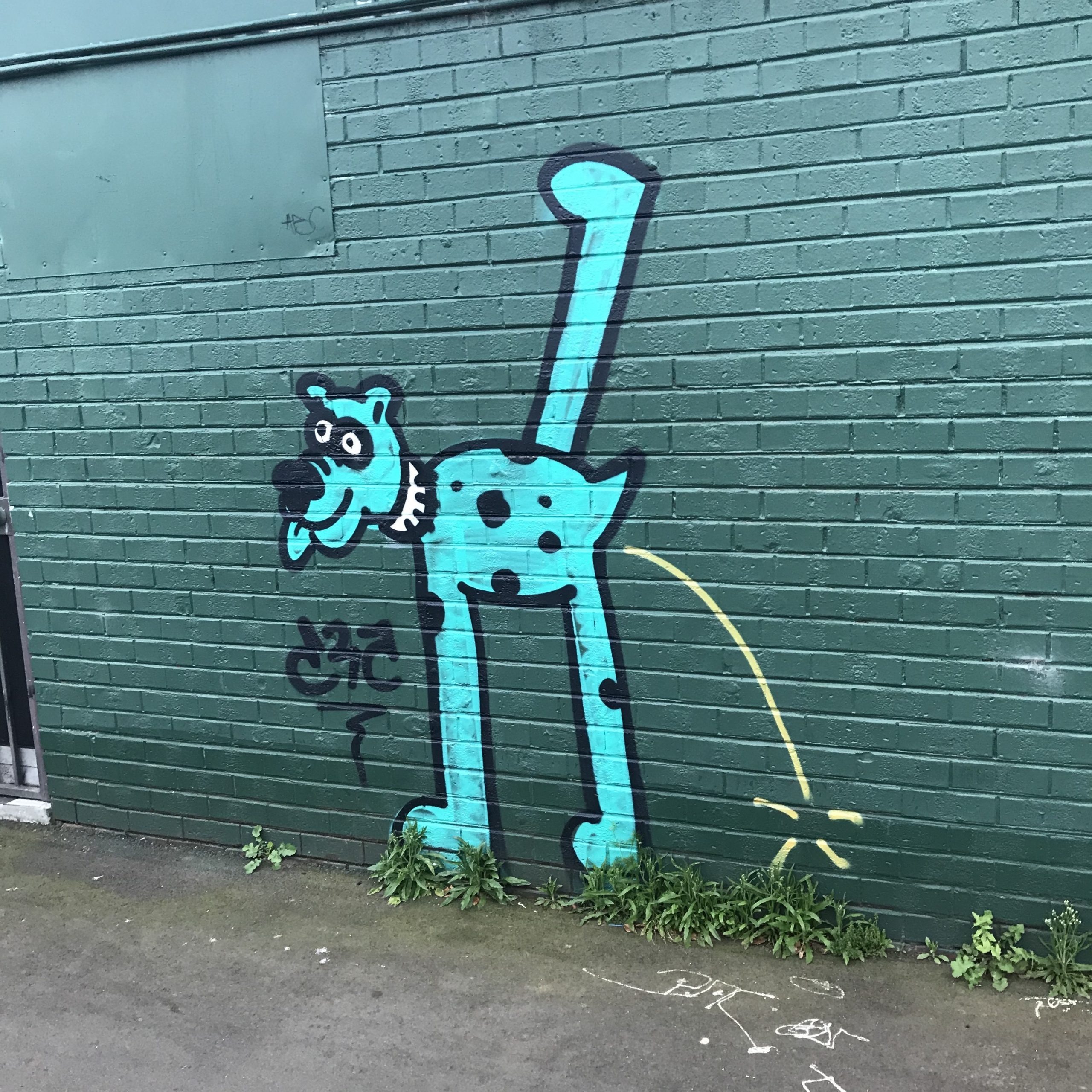 Urinating dog graffitied on a green wall