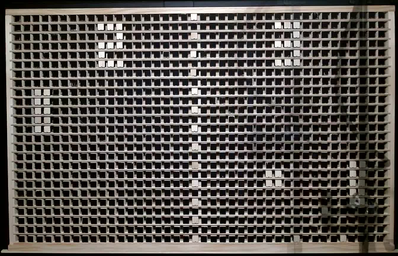 A pixel art representation of the game Pong. The left player has a score of two, the right player a score of three. The pixel art is displayed on a wooden screen.